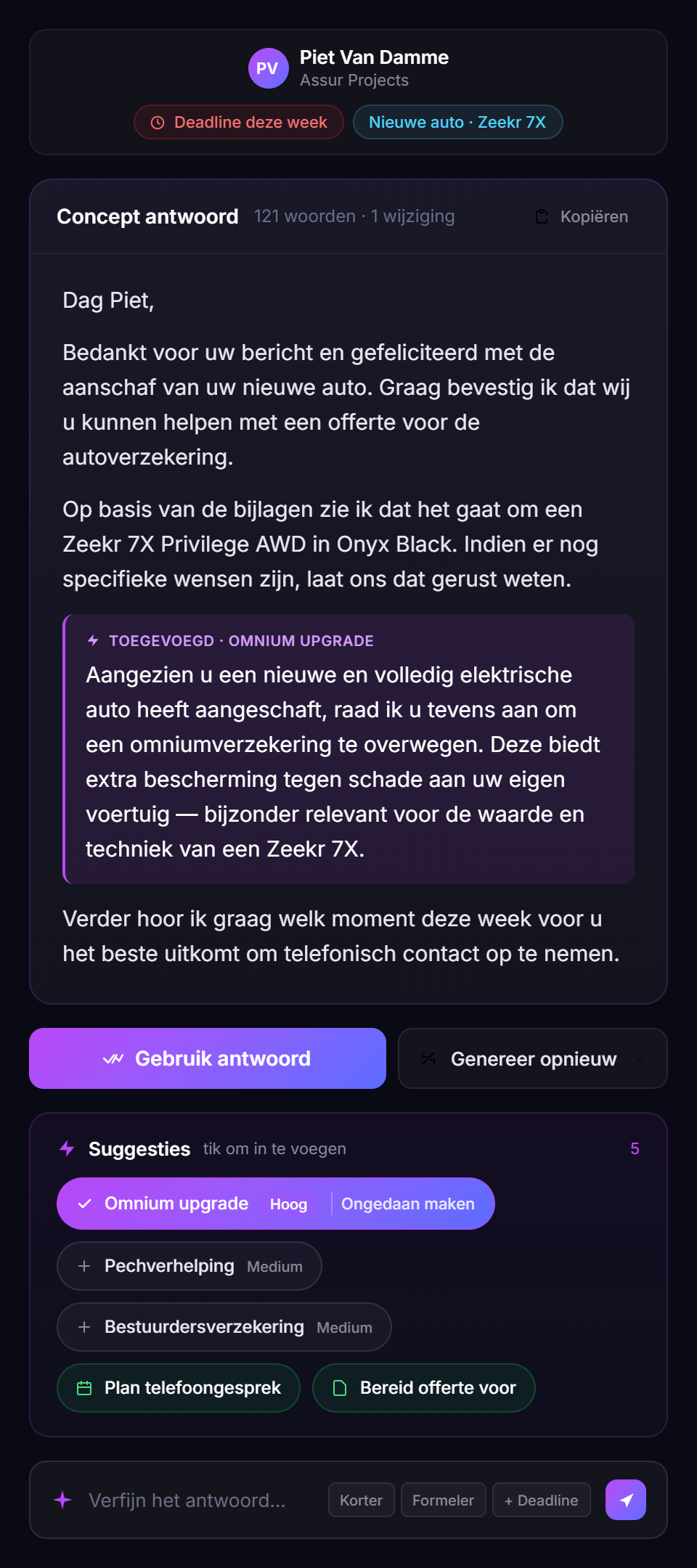 Conceptantwoord in BrokerMind Mail met de suggestie omnium upgrade toegevoegd