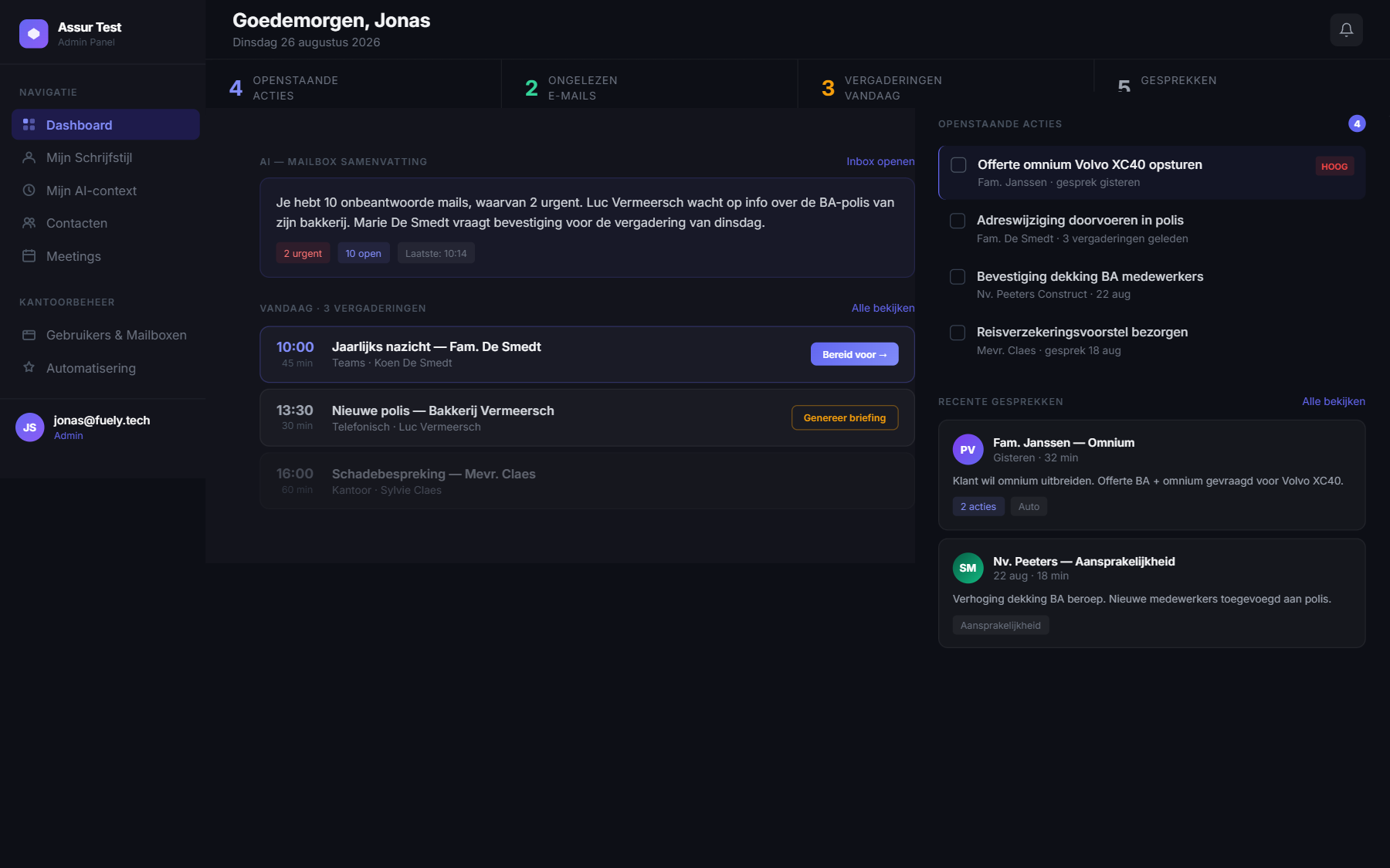 Het BrokerMind-dashboard met openstaande acties, mailsamenvatting en gesprekken van vandaag