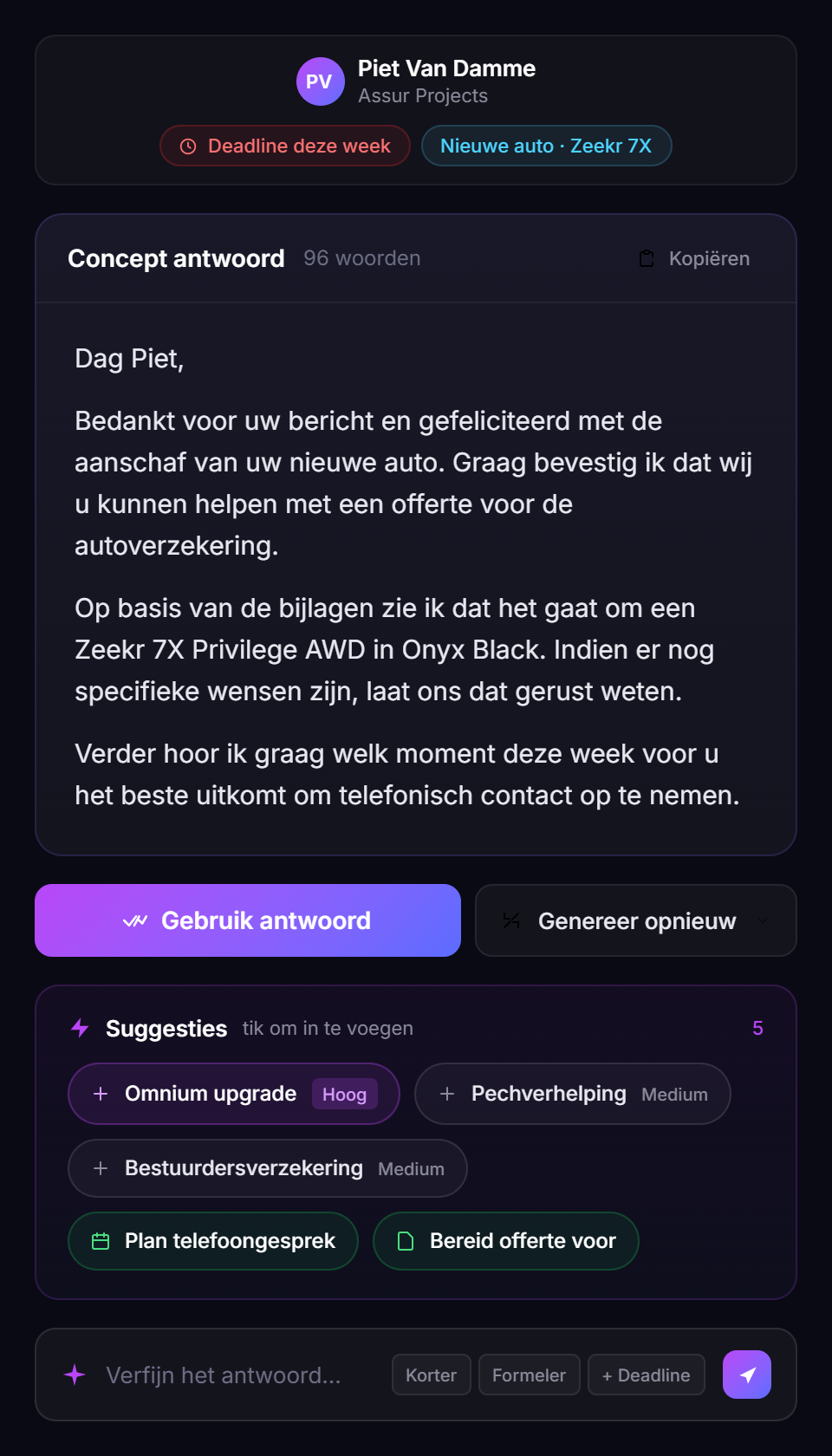 Conceptantwoord met dossiercontext in BrokerMind Mail