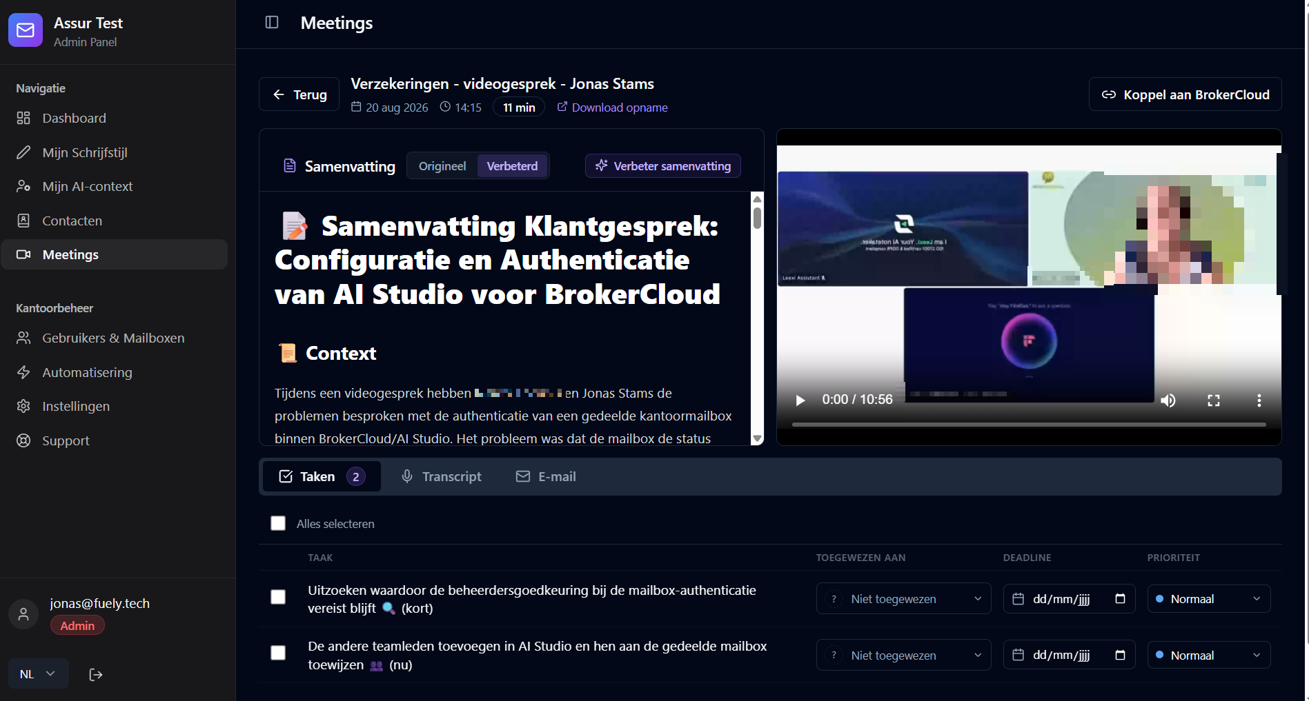 Meet met samenvatting, taken en transcript naast elkaar